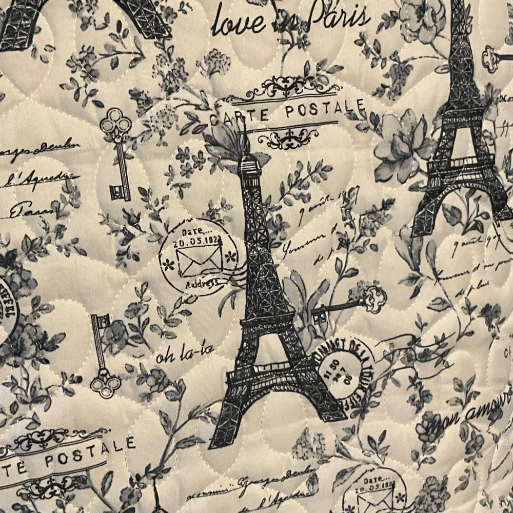 Quilt 3 Piece Quilt Set, Eiffel Towers with Flowers, Off White, and Dark Blue